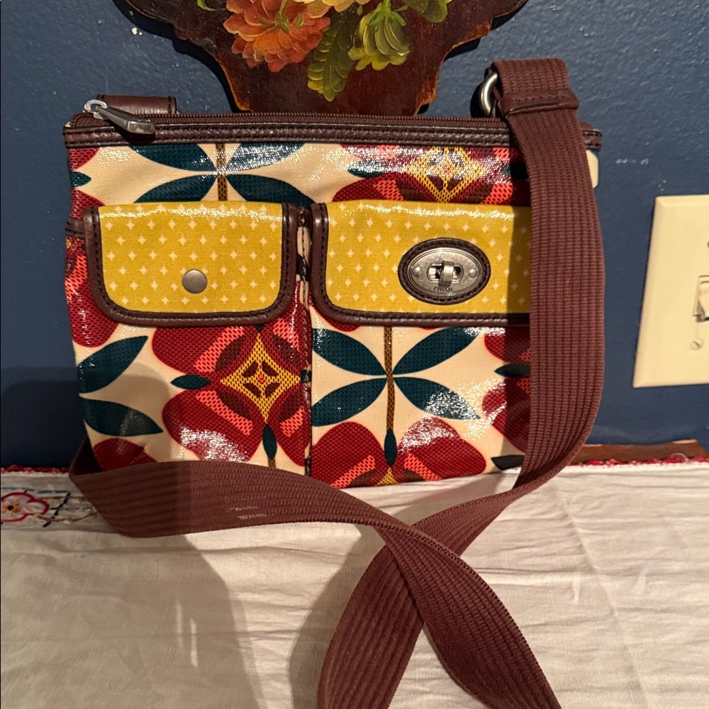 Fossil Red and Yellow Geometric Crossbody Bag